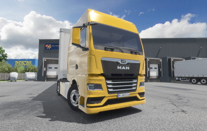 yellow truck in a company warehouse yard from mobile game drive real truck simulator