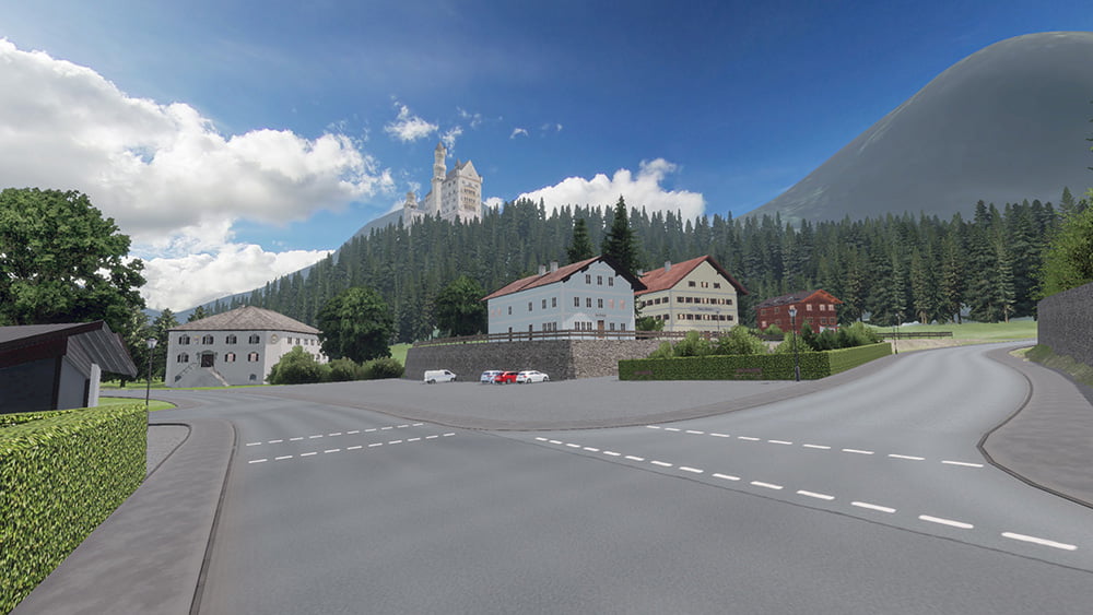 Screenshot from the mobile game Drive Real Truck Simulator: A small village with traditional buildings, a scenic mountainous background, and a castle on a hilltop under a blue sky with scattered clouds.Screenshot from the mobile game Drive Real Truck Simulator: A small village with traditional buildings, a scenic mountainous background, and a castle on a hilltop under a blue sky with scattered clouds.