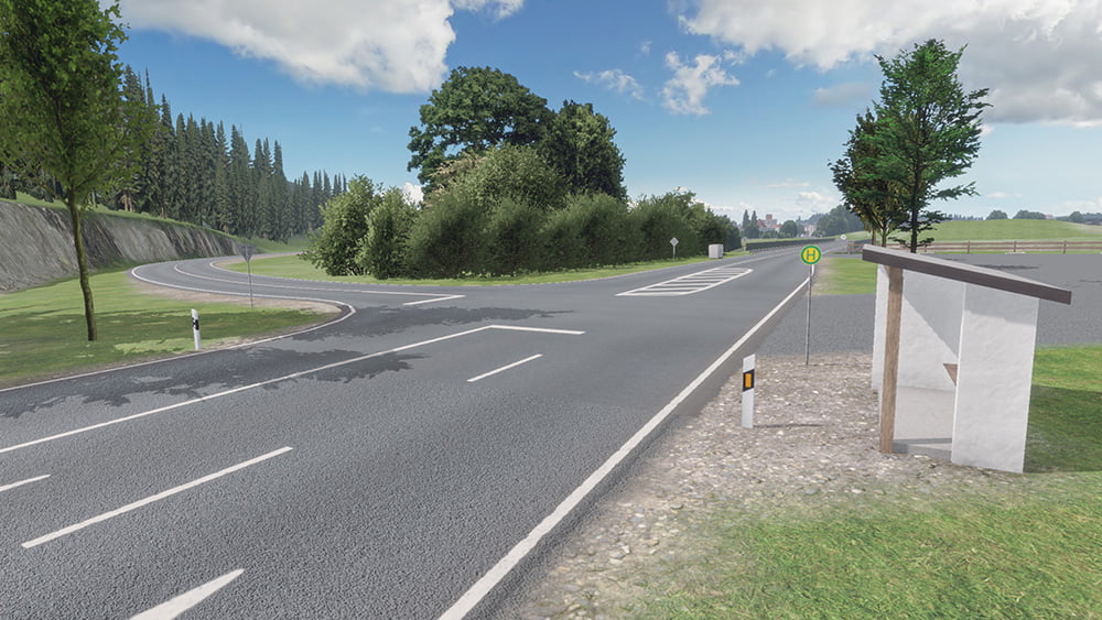 Screenshot from the mobile game Drive Real Truck Simulator: A curved road in a countryside setting with a small bus stop shelter and lush greenery under a partly cloudy sky.