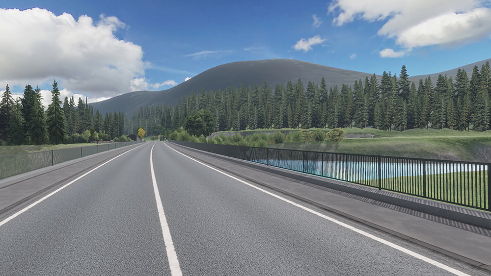 Screenshot from the mobile game Drive Real Truck Simulator: Straight road crossing a river with a mountainous backdrop and lush green forest, under a bright and clear sky.