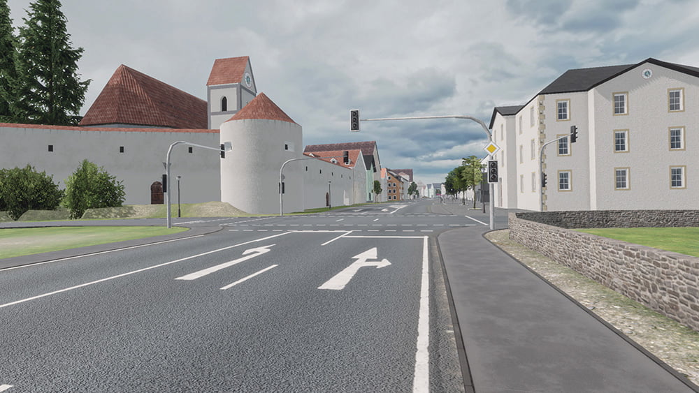 Screenshot from the mobile game Drive Real Truck Simulator: Urban street scene with medieval-style buildings, a clock tower, and traffic lights on a cloudy day.