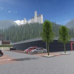 Screenshot from the mobile game Drive Real Truck Simulator: A parking lot near mountains with parked cars, a modern building, and a castle-like structure in the background.