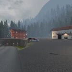 A rest stop in a mountainous region, featuring a parking area with a few cars and two buildings: a red wooden house and a white building labeled as a restaurant. Tall pine trees and mist-covered mountains dominate the background, creating a peaceful, foggy atmosphere.