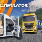 Drive Real Truck Simulator promotional image featuring a white delivery van loaded with boxes, a yellow semi-truck with a trailer, and a white refrigerated truck in a scenic mountain setting with a European-style castle in the background