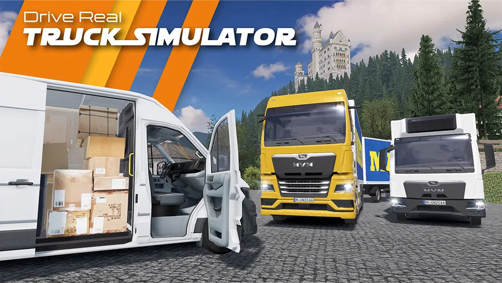 Drive Real Truck Simulator promotional image featuring a white delivery van loaded with boxes, a yellow semi-truck with a trailer, and a white refrigerated truck in a scenic mountain setting with a European-style castle in the background